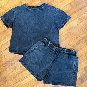 100% Cotton Washed Black Women's Short Sleeve Top and Elastic Waist Shorts Set